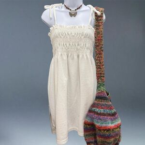 Secret Treasures White Terry Smocked Babydoll Mini Dress S Retro Boho Lounge